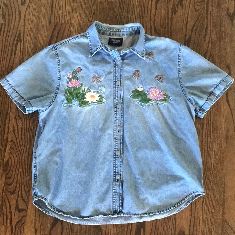 Vintage 90’s Solutions denim embroidered top dragonflies Lilly pads size L